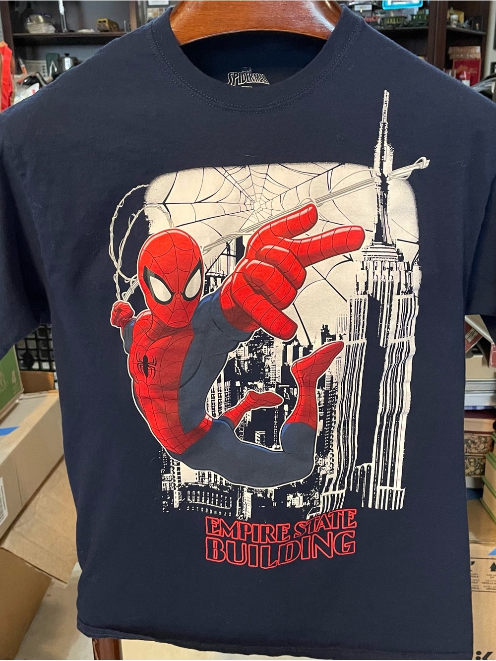 Spiderman Navy Tee with Red & White Empire State Graphic